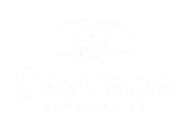 Santasa Counselling logo featuring the brand name in deep blue text with a soft lilac accent element, representing emotional wellness and compassionate counselling services